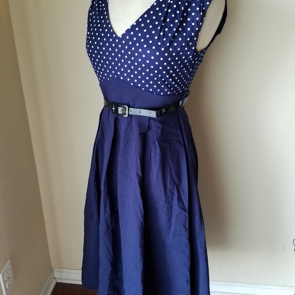 Sapphyra Navy Blue Polka Dot Retro Flare Dress - Picture 4 of 8